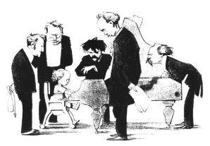 Caricatura aparecida en un nmero de Neues Wiener Tagblatt de 1911, que muestra al nio prodigio Korngold rodeado por las asombradas lumbreras musicales del momento: de izquierda a derecha, Siegfried Wagner (hijo de Richard), Max Reger, Artur Nikisch, Richard Strauss y Eugen dAlbert